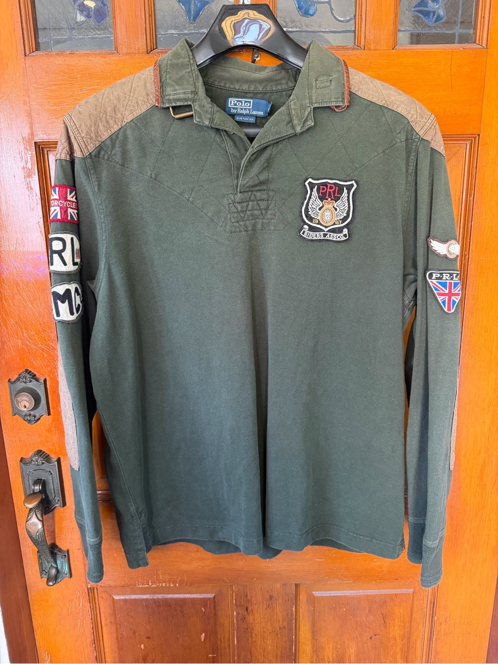 Vintage Polo Ralph Lauren Rugby Shirt Men XL Green Motorcycle Leather Quilted RL